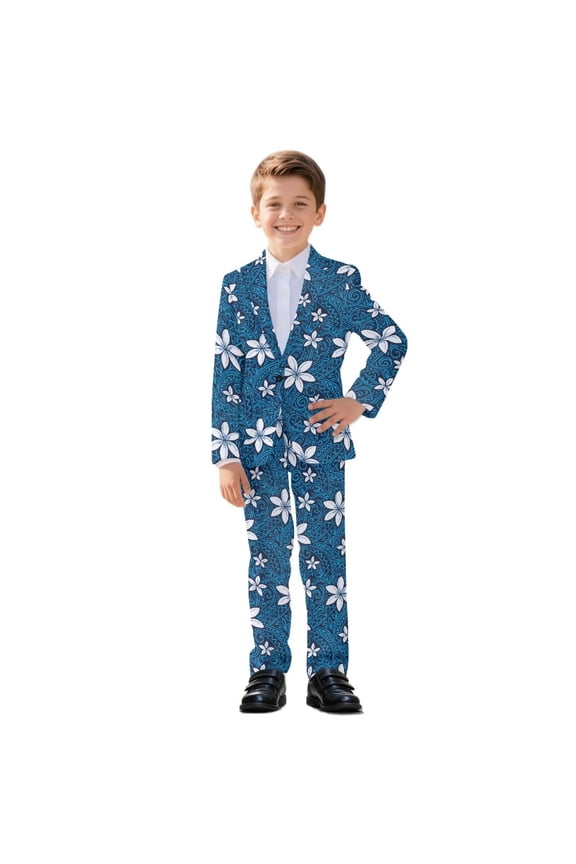 Polynesia Plumeria Flower Print Boys Suit 2 Piece Slim Fit Kids Tuxedo Suit Formal Wedding Outfit Blazer Pants Set Dresswear, 6-7 Years