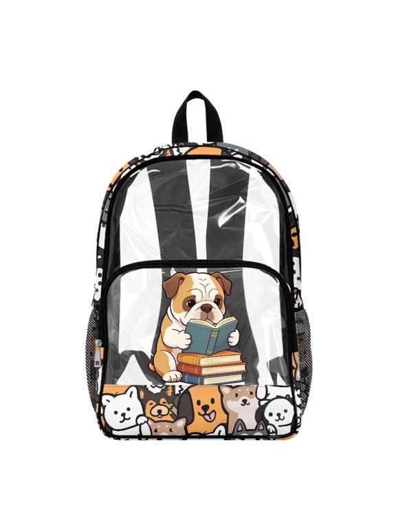 Pug Dog Book Print PVC See Through Backpack 17" Heavy Duty Clear Transparent Bookbag for Girls, Large Capacity Elementary Schoolbag Kindergarten Preschool Backpack Travel Daypack
