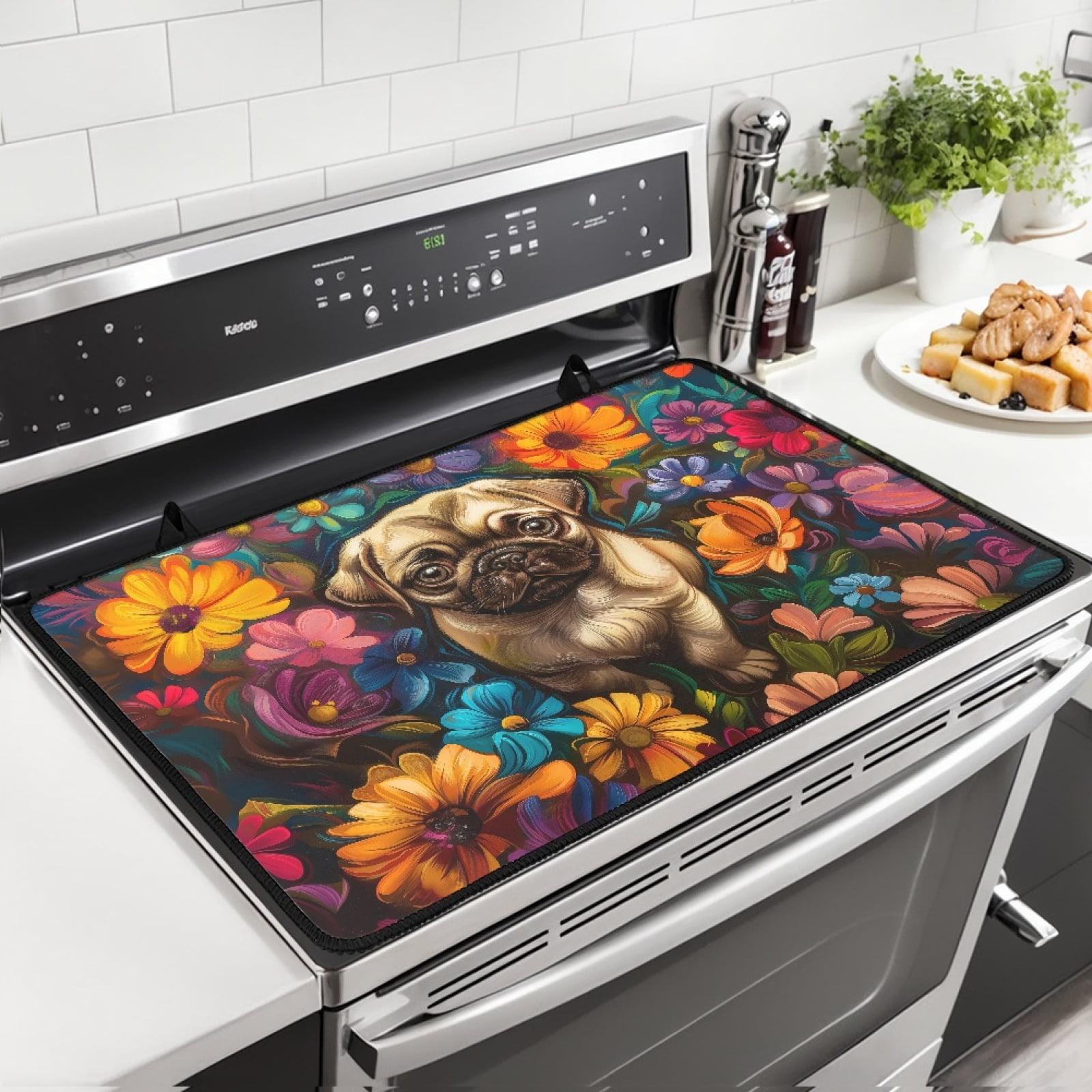Xoenoiee Pug Dog Daisy Print Silicone Stove Top Cover for Electric Stove, 29.18 x 20.96 inch Glass Top Stove Cover, Large Silicone Dish Drying Mat, Ceramic Glass Cooktop Protector