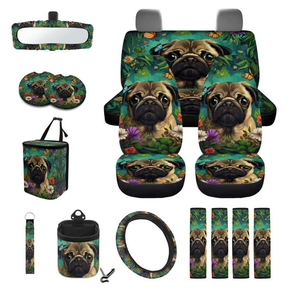 Xoenoiee Pug Dog Flower 15 Pack Car Accessories Set, Universal Car Seat Protector Steering Wheel Cover Seatbelt Strap Pad Trash Can Mount Storage Pocket Cup Holders Rearview Mirror Cover Keychain