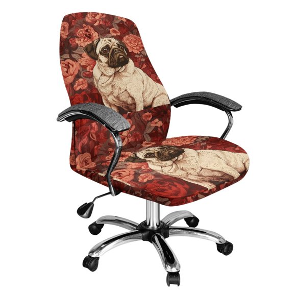 Xoenoiee Pug Dog Flower Print Office Chair Covers Universal Protective Stretchable Computer Chair Slipcovers for Rotating Chairs, High Back Chair, Desk Chair, L