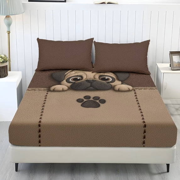 Xoenoiee Pug Dog Paw Print Fitted Sheet Set 3-Piece Deep Pocket, Soft Breathable Microfiber with 2 Pillowcases, Wrinkle-Free Easy Care, No Flat Sheet, Full Size
