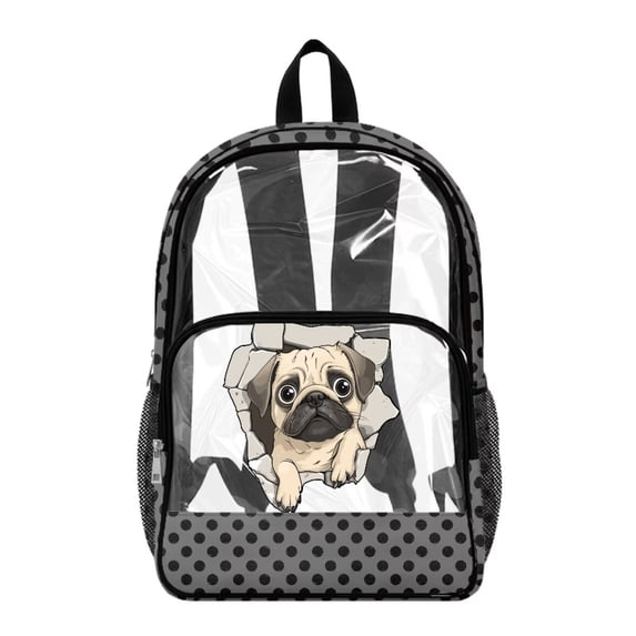 Xoenoiee Pug Dog Polka Dot Print 17 Inch Clear Backpack PVC See Through Transparent Bookbag with Padded Straps, Large Capacity School Bag for Girls Elementary Middle School Travel Daypack