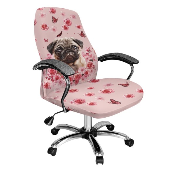 Xoenoiee Pug Dog Rose Butterfly Print Office Chair Covers Universal Protective Stretchable Computer Chair Slipcovers for Rotating Chairs, High Back Chair, Desk Chair, S