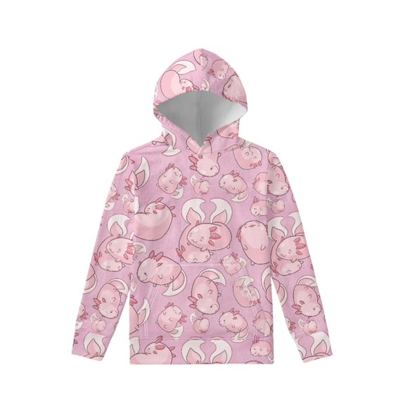 Xoenoiee Pullover Girls Hoodies Cartoon Axolotl Pink Print Hooded Sweatshirt with Front Kangaroo Pocket for Kids Long Sleeve Activewear Fall Winter Clothing, M