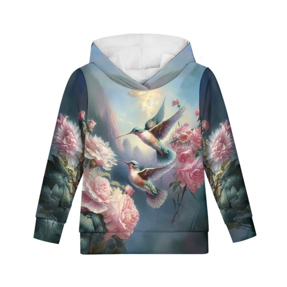 Xoenoiee Pullover Girls Hoodies Floral Hummingbird Peony Print Long Sleeve Sweatshirt Loose Top Clothing Sportwear with Kangaroo Pocket for Kids Hiking, Shopping, Walking, L