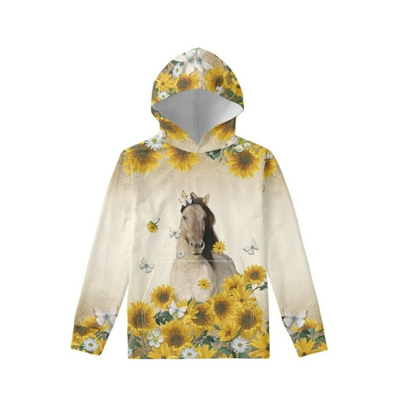Xoenoiee Pullover Girls Hoodies Sunflower Horse Butterfly Print Hooded Sweatshirt with Front Kangaroo Pocket Long Sleeve Athleticwear for kids Traveling Hiking, S