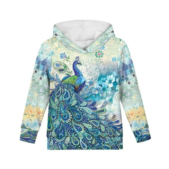 Xoenoiee Pullover Hooded Sweatshirt Retro Flower Paisley Peacock Print Athletic Top Girls Hoodies for Kids Age 6-16 Years Loose Sportwear with Long Sleeve for Fall Winter, S