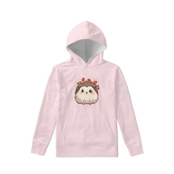 Xoenoiee Pullover Hoodies Girl Hooded Sweatshirt with Long Sleeve and Front Kangaroo Pocket for Kids Age 6-16 years, Cartoon Hedgehog Mushroom Pink Pattern, L