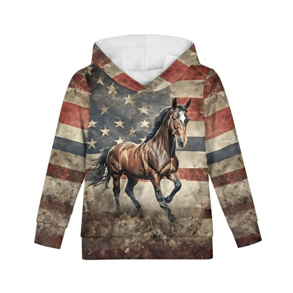 Xoenoiee Pullover Hoodies Grunge American Flag Horse Print Boys Hoodies Hooded Sweater for Kids Long Sleeve Clothing Cosy Athleticwear with Kangaroo Pocket for Fall Winter, S