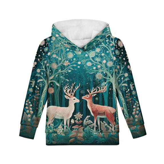 Xoenoiee Pullover Hoodies Hooded Sweatshirt with Front Kangaroo Pocket Long Sleeve Sweater Fall Winter Tops for Kids Workout Travel, Retro Floral Sika Deer Pattern, L