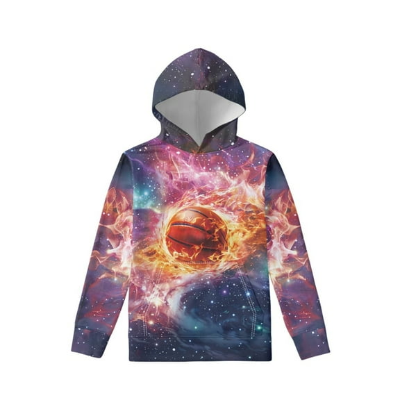 Xoenoiee Pullover Hoodies for Kids Hooded Sweatshirt with Front Kangaroo Pocket Long Sleeve Hoodies Fall Winter Tops Playwear, Galaxy Flame Basletball Print, XL