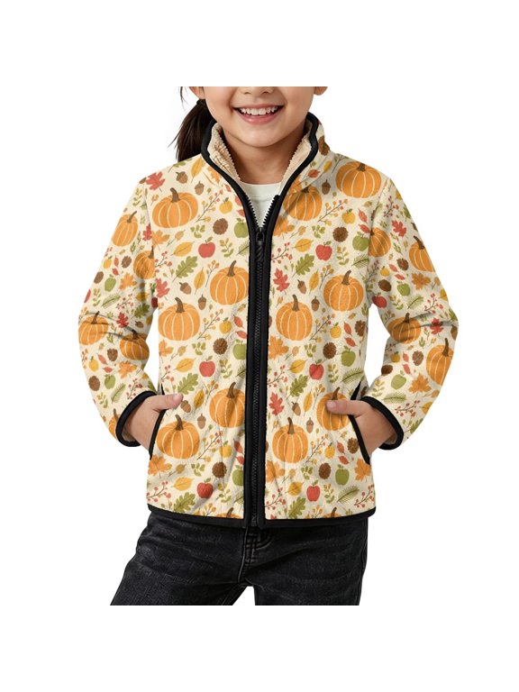 Pumpkin Acorn Maple Leaf Apple Harvest Print Fleece Jacket for Girls Thanksgiving Lightweight Warm Coat Zip Up Outerwear Mock Neck Polar Fleece Sweatshirts with Pockets, 5 Years