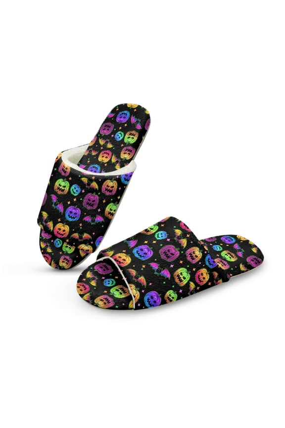 Pumpkin Bat Star Print Open Toe Slipper, Cozy Flannel Base Bedroom Shoes Halloween Breathable Non-Slip Home Slippers for Women Men, 4.5-5 Women/3.5-4.5 Men
