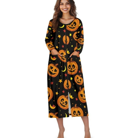 Xoenoiee Pumpkin Moon Star Print Women's Zipper Robe Halloween Long Sleeves Housecoat Full Length Nightgown Soft Loungewear Robe with Pockets, L