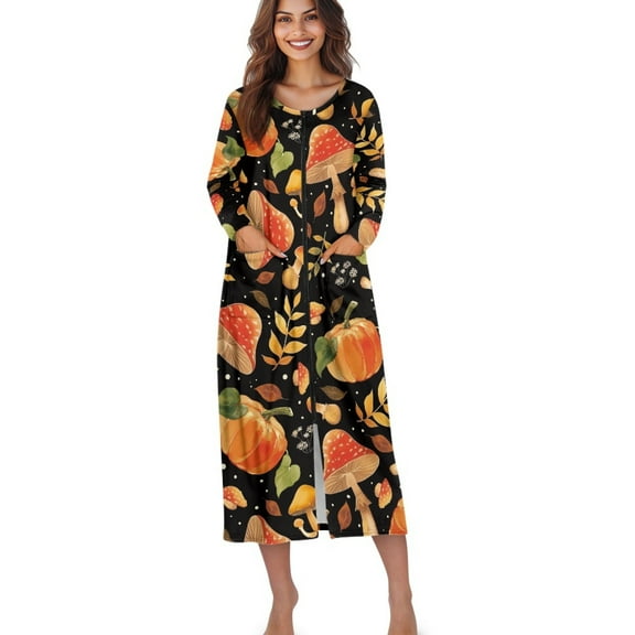 Xoenoiee Pumpkin Mushroom Leaves Print Women Zipper Robes Full Length Nightgown Thanksgiving Bathrobe Lightweight House Coat with Pockets Long Sleeves Loungewear, Size 3XL