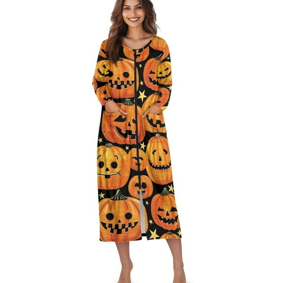 Xoenoiee Pumpkin Star Print Women Zip Up Robe Comfy Nightgowns Housecoats Halloween Long Sleeve Bathrobe Breathable Sleepwear with 2 Pockets, XL