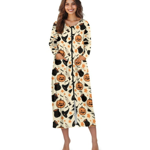Xoenoiee Pumpkin Witch Hat Candle Star Print Women's Zipper Robe Halloween Long Sleeve Housecoat Calf Length Casual Nightgown Crew Neck Loose Bathrobe with Pockets, M