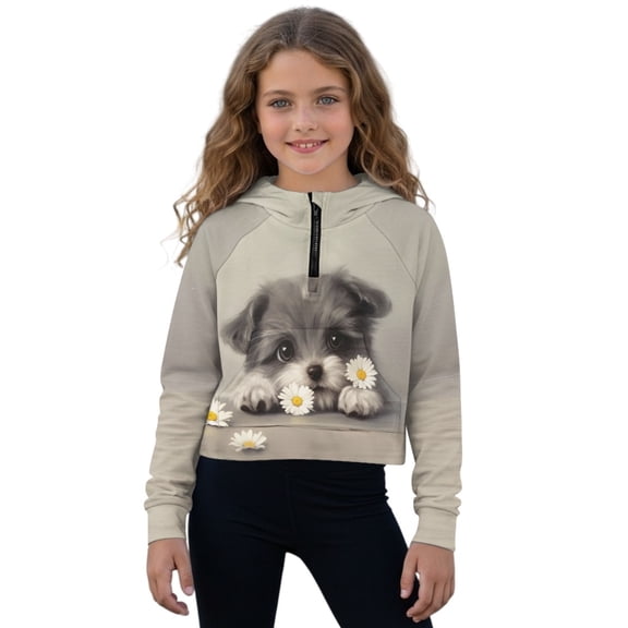 Xoenoiee Puppy Daisy Print Girls Quarter Zip Hoodie Pullover Long Sleeve Shirts Half Zip Sweatshirt Casual Crop Top Trendy Clothes, Size 7-8 Years