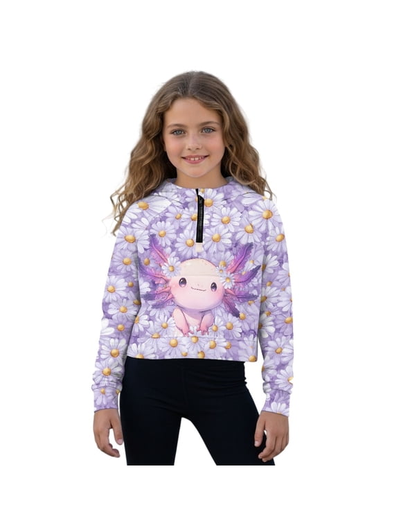 Purple Axolotl Daisy Print Girls Half Zipper Hoodie Trendy Fall Sweatshirts Long Sleeve Pullover Tops for Teen Girl Kids Mock Neck Sweater, 7-8 Years