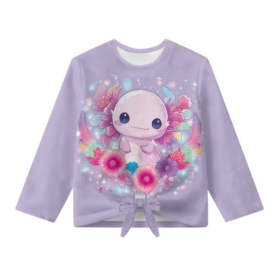 Xoenoiee Purple Axolotl Flower Print Girls Long Sleeve Tops Tunic Casual Loose T-Shirt Fall Clothes Drop Shoulder Pullover with Tie Front, Size 11-12 Year