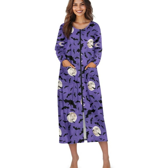Xoenoiee Purple Bat Moon Print Women's Zipper Robe Halloween Long Sleeve Housecoat Calf Length Casual Nightgown Crew Neck Loose Bathrobe with Pockets, L