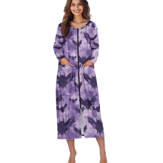 Xoenoiee Purple Bat Paint Splatter Print Women's Long House Dress Zipper Loungewear Halloween Long Sleeve Zip Up Robes Full Length Sleepwear Nightgown with Pockets, Size S