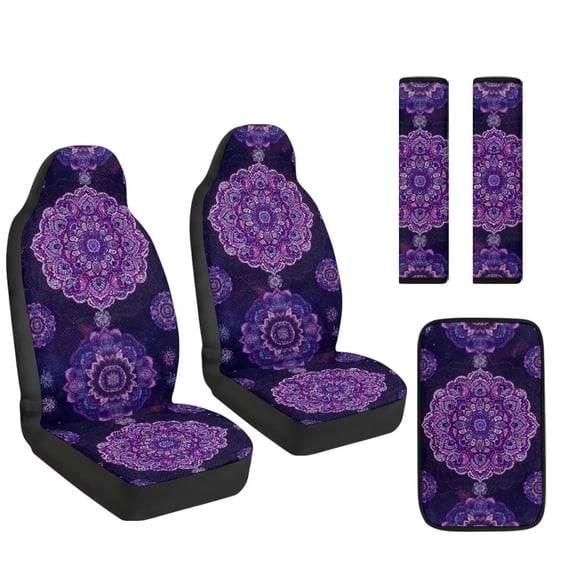 Xoenoiee Purple Boho Mandala Flower Pattern Car Front Seat Covers Set of 5, Car Accessories for Men Women, PU Leather Bucket Seat Covers with Seatbelt Covers Armrest Pad Universal for Truck SUV Vans