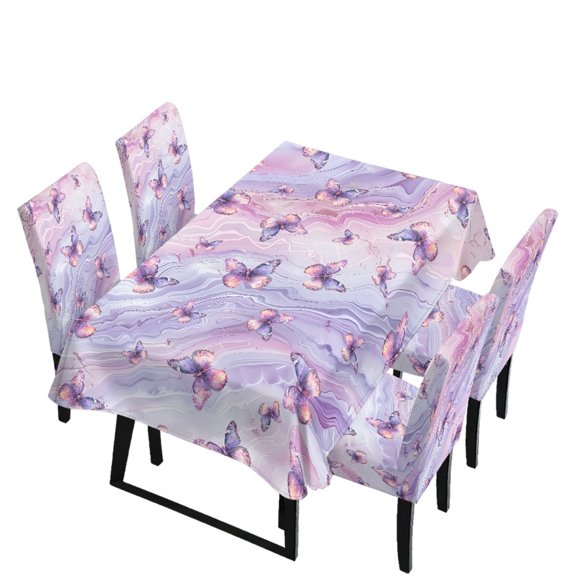 Xoenoiee Purple Butterfly Marble Print 5 Pcs Tablecloth and Chair Covers Set, Stretchable Washable Spandex Table Cover with 4 Elastic Dining Chair Slipcovers for Home Hotel Banquet Wedding Party