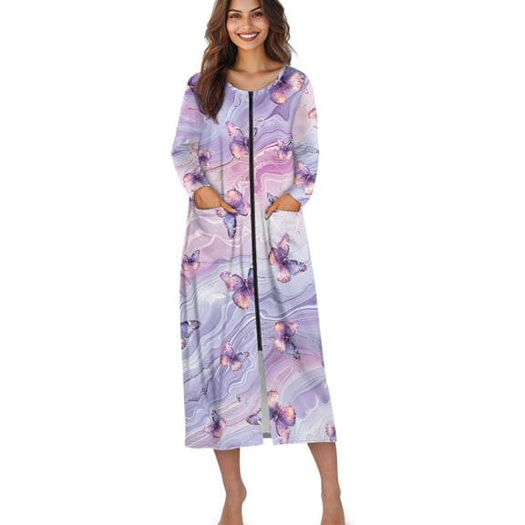 Xoenoiee Purple Butterfly Marble Print Women Zipper Robe Long Sleeve Loungewear Dress Full Length Sleepwear Pockets Housecoat Nightgown Long Bathrobe, M