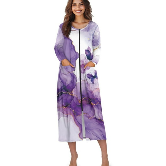 Xoenoiee Purple Butterfly Marble Print Zipper Robes for Women Long Sleeve Housecoat Soft Nightgowns Sleepwear Crew Neck House Dresses with Pockets, L