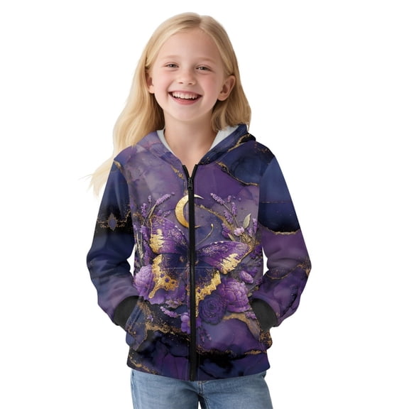 Xoenoiee Purple Butterfly Moon Flower Print Zip Up Hoodie Long Sleeve Sweatshirt Shirt for Kids Girl Aesthetic Hooded Sweatshirt Active Top Workout Casual Hoodie Fall Outfits Sportswear, S