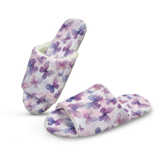 Xoenoiee Purple Butterfly Print Open Toe Slippers for Women Men Fuzzy Slip-on Slippers Warm Cozy Soft Lightweight Memory Foam Indoor House Shoes, 6-7 Women/ 5-6 Men