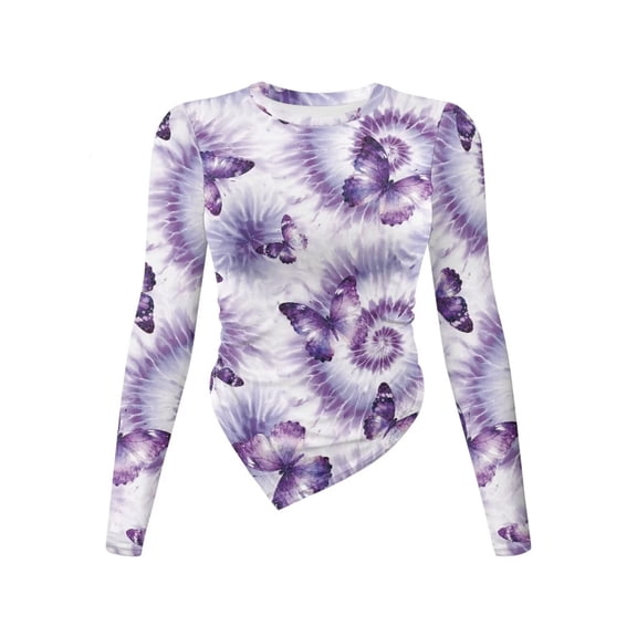 Xoenoiee Purple Butterfly Tie Dye Print Women's Tops Dressy Long Sleeve Asymmetrical Slim Fit Going Out Fall Blouse Crew Neck Ruched Shirts Pullover, Size S
