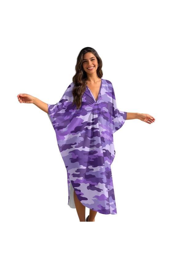 Purple Camo Pattern Plus Size Kaftan Dresses for Women, Polyester Summer Caftan Cover Up Batwing Sleeve Maxi Beach Dress Mumu Dresses