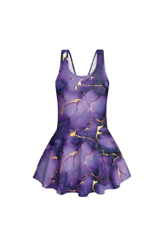 Purple Golden Marble Pattern Girls Sleeveless Swimsuit One Piece UPF 50+ Skirted Bathing Suit Modest Beach Swim Dress Breathable Swimwear, 6-7 Years