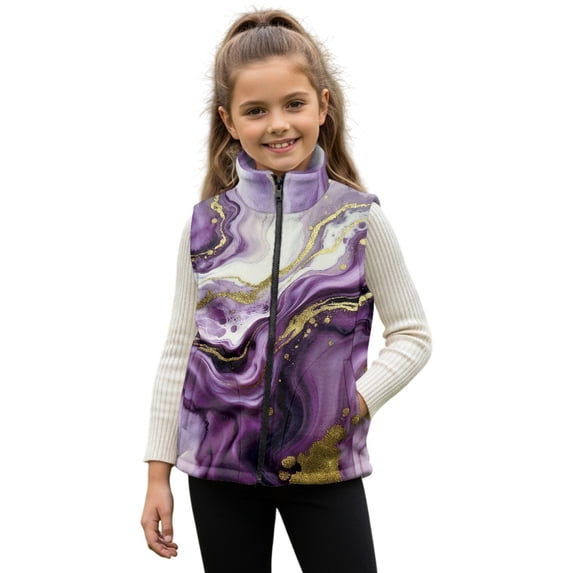 Xoenoiee Purple Golden Marble Print Girls Fuzzy Fleece Vest Trendy Zip Up Sleeveless Sherpa Jacket Stand Collar Winter Coat Outerwear with Pockets, Size 4T