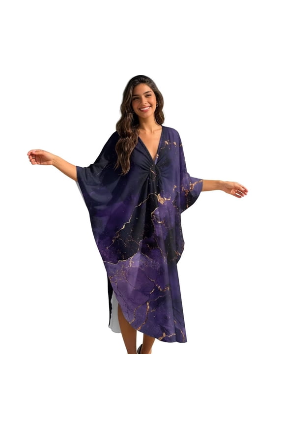Purple Golden Marble Print Plus Size Muumuu Dresses for Women, Kaftan Beach Cover Up V-Neck Batwing Sleeve Caftan Moo Moo Boho Loungewear for Cruise Pool Vacation