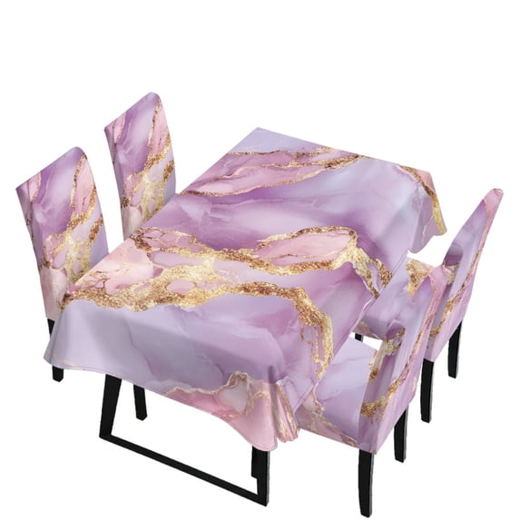 Xoenoiee Purple Golden Marble Print Table Cover and Chair Slipcovers Set of 5, Removable 55x82 Inch Rectangle Tablecloth with Chair Covers, Water-Resistant Furniture Protectors, Machine Washable