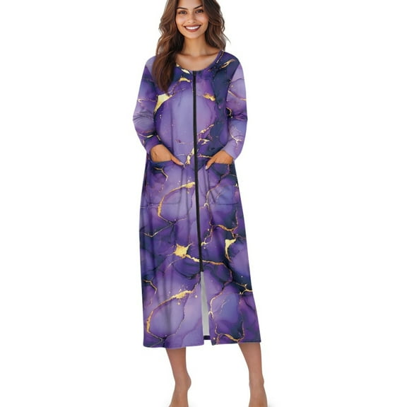 Xoenoiee Purple Golden Marble Print Zipper Robes for Women Long Sleeves Lightweight House Coat Zip Up Bathrobe Soft Nightgown with Pockets, Size 3XL