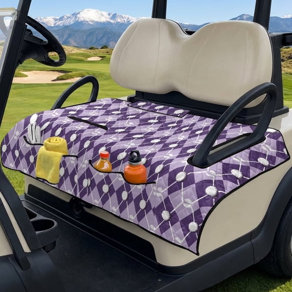Xoenoiee Purple Golf Geometric Print Universal Golf Cart Seat Covers for EZGO TXT/RXV & Club Car DS/Precedent, Breathable Seat Towel Blanket/Seat Cushions with Non-Slip Backing, All-Season