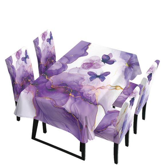 Xoenoiee Purple Marble Butterfly Flower Print 5 Pcs Tablecloth and Chair Covers Set Stretchable Washable Holiday Table Cover and Seat Protector Slipcovers for Dining Room Kitchen Party
