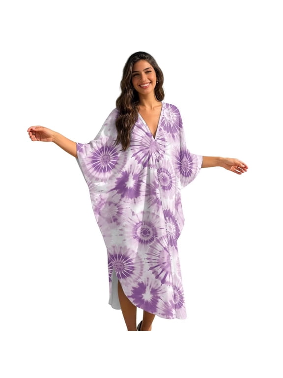 Purple Tie Dye Swirl Pattern Momo Dresses for Women V Neck Caftan Swimsuit Cover Up Lougewear Dress One-Piece Kaftan Dresses Batwing Sleeve Beach Dress