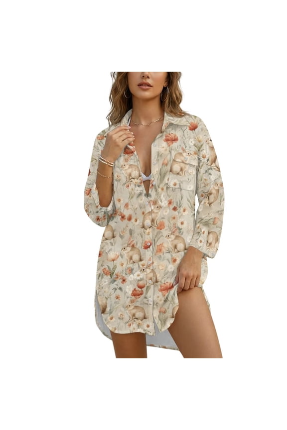 Rabbit Bunny Daisy Flower Print Womens Bathing Suit Cover Ups Easter Bikini Swimsuit Coverup Button Down Beach Dress Shirt Button Down Resort Wear, 3XL