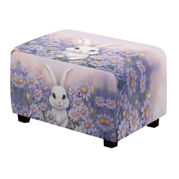 Xoenoiee Rabbit Bunny Daisy Print Stretch Rectangle Ottoman Cover Washable Ottoman Slipcover Easter Decoration Heavy-Duty Storage Ottoman Cover Foot Stool Cover with Elastic Bottom, S