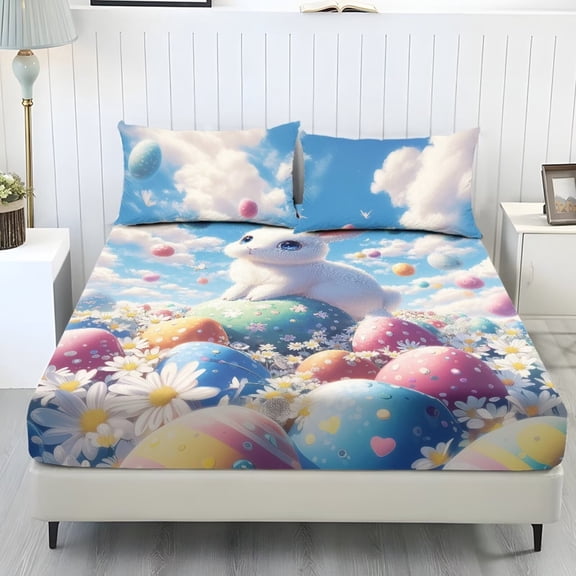 Xoenoiee Rabbit Bunny Egg Daisy Cloud Print Bed Sheet Set, Soft Bedding Set, 1 Fitted Sheet and 2 Pillowcases, Breathable Comfortable Sheets for Bedroom Easter Decoration, Full Size
