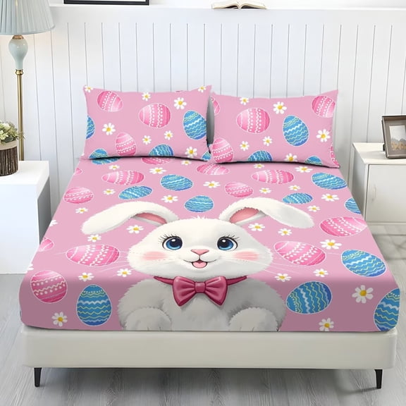 Xoenoiee Rabbit Bunny Egg Daisy Flower Print 3 Pieces Sheet Set, Comfy Fitted Sheet and Pillow Cover, Soft Bedding with Pillowcase for Room Easter Decor, Easy Care Non-Slip Bedsheet, King Size