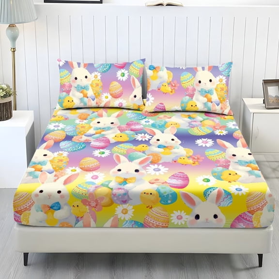 Xoenoiee Rabbit Bunny Egg Duck Daisy Print 3 Piece Sheet Set for Kids Teens, Easter Decoration Bed Sheets Soft Microfiber Bedding Set 1 Fitted Sheet and 1 Pillowcase for Women Men, Twin Size