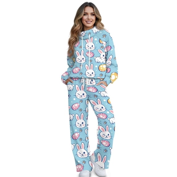 Xoenoiee Rabbit Bunny Egg Flower Print Womens 2 Piece Outfits Lounge Jogging Suits 2 Piece Set Easter Oversized Sweatshirt Baggy Comfy Sweatpants with Pockets, XS