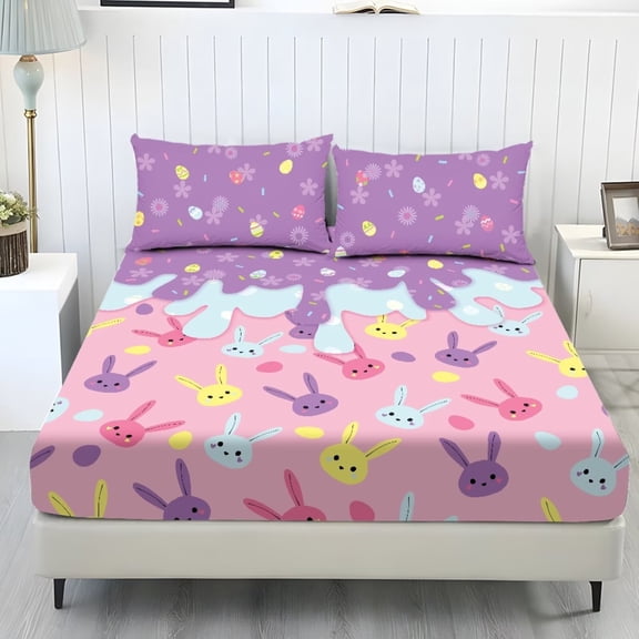 Xoenoiee Rabbit Bunny Egg Ice Cream Flower Print Sheets Set 3-Pieces Farmhouse Sheet Set Easter Decor Breathable Soft Fitted Sheet Set with 2 Pillowcases, 3 Pieces Soft Sheet Set, King Size